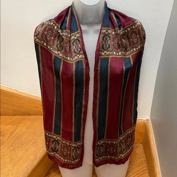 Vintage Bill Blass Silk Scarf Burgundy Navy Baroque Ornate Print - Picture 1 of 11